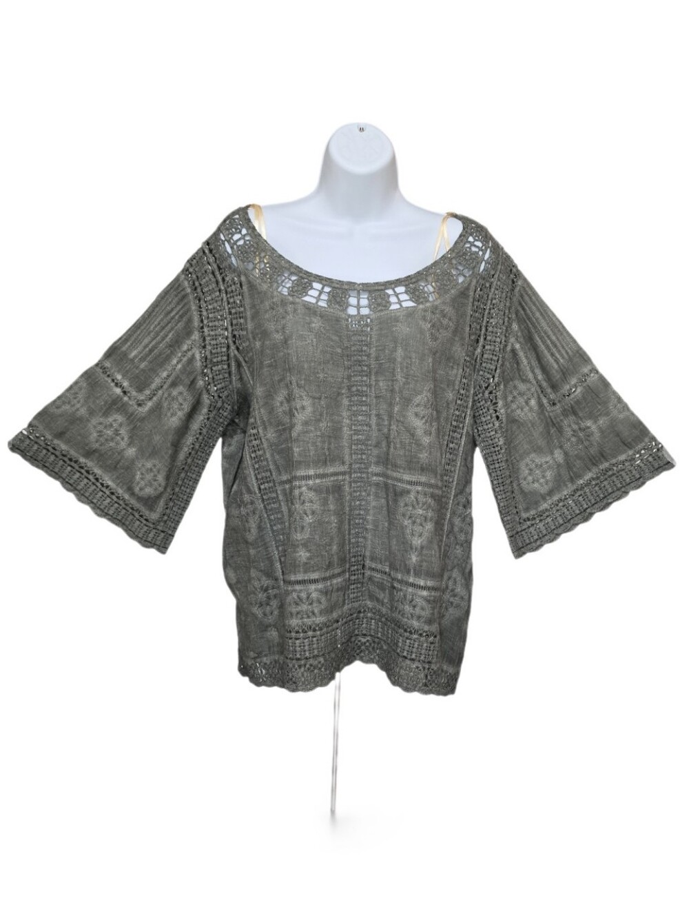 Democracy Crochet Trim Embroidered Boho Top 3/4 Bell Sleeve Mineral Wash Olive M